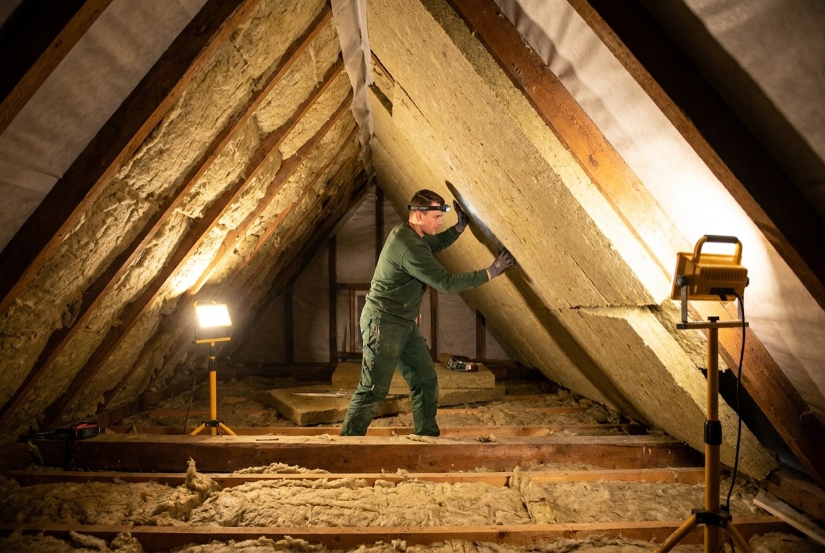 Monteur isoleert een hellend dak van binnenuit