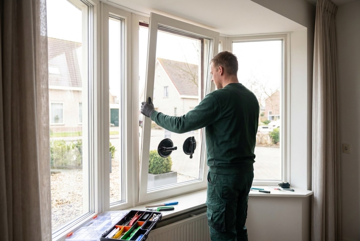 Glaszetter plaatst nieuw HR++ isolatieglas in een kozijn