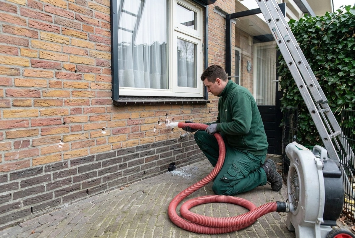 Monteur brengt spouwmuurisolatie aan in een bakstenen gevel